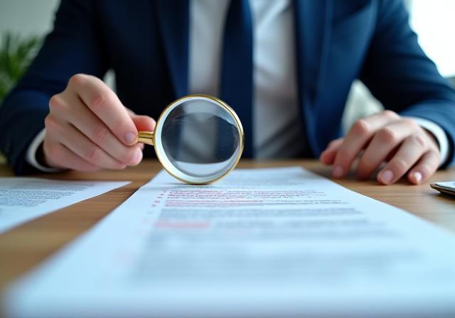 A professional legal consultant reviewing a complex contract with a magnifying glass
