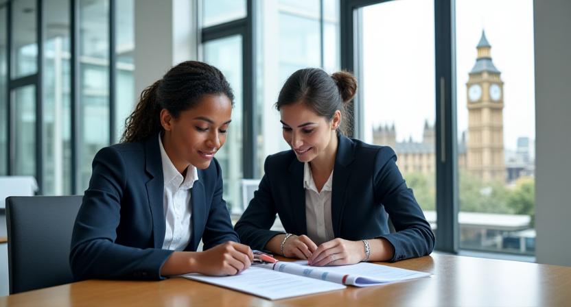 Business partners discussing a contract in a modern London office setting