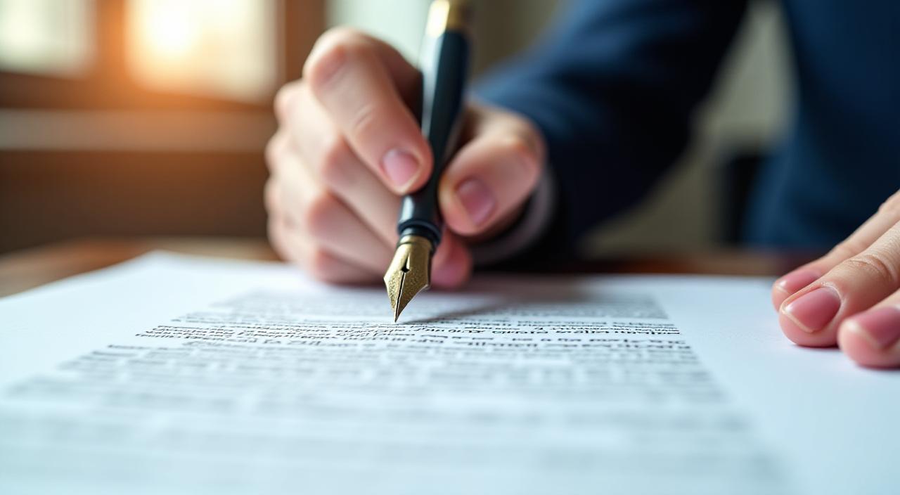 Close-up of a legal professional signing a contract on a wooden table